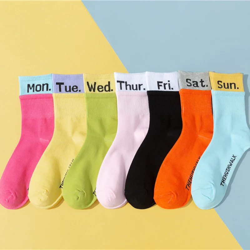 

1Pair Women Crew Socks Funny Cute Cartoon candy colour week crew socks Happy Japanese Harajuku skateboard Socks sox