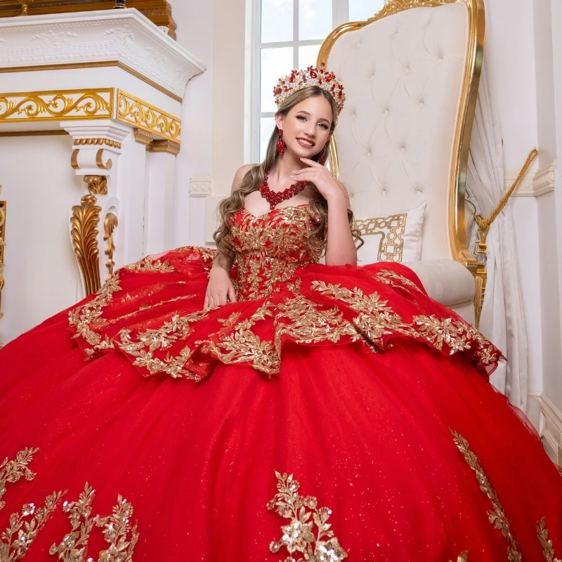 Красное бальное платье Quinceanera с открытыми плечами Золотая Аппликация Кружева