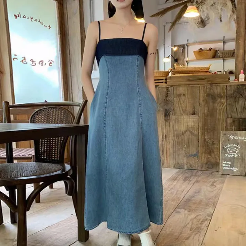 Женское джинсовое платье на бретелях, винтажное контрастное облегающее длинное платье с широкой юбкой, без рукавов, на лето, s547 Женское джинсовое платье на бретелях, винтажное контрастное облегающее длинное платье с широкой юбкой, без рукавов, на лето, s547