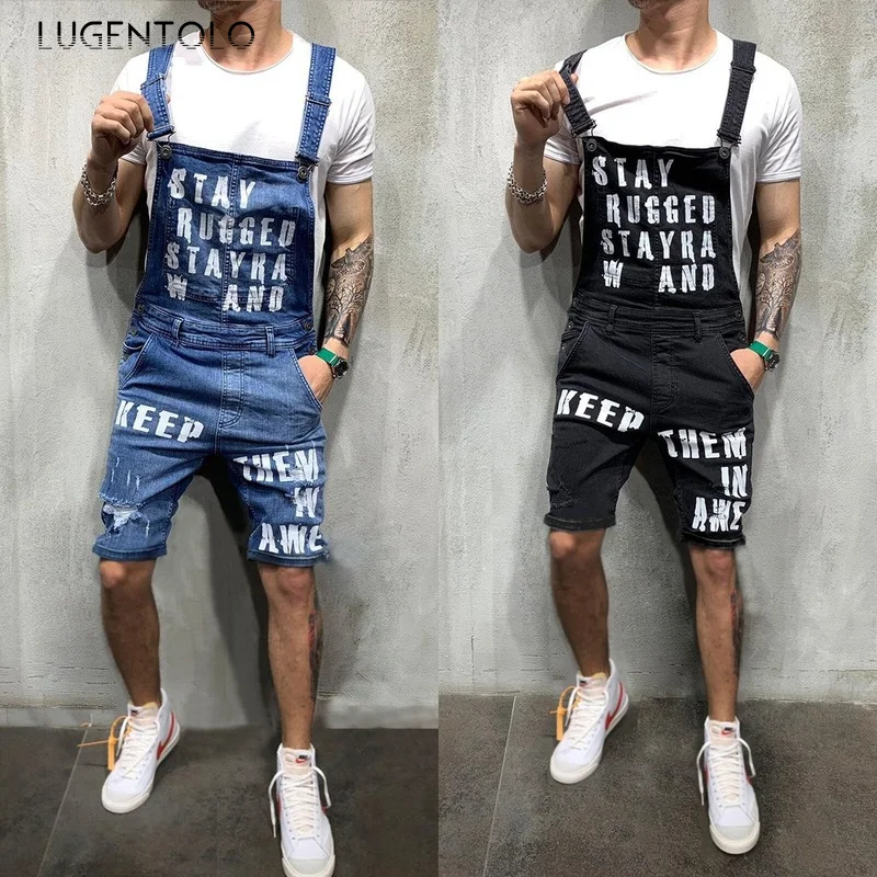 

Lugentolo Shorts Jean Men Overalls Summer Casual Letter Hole Cargo Shorts Plus Size Straight Cargo Jeans