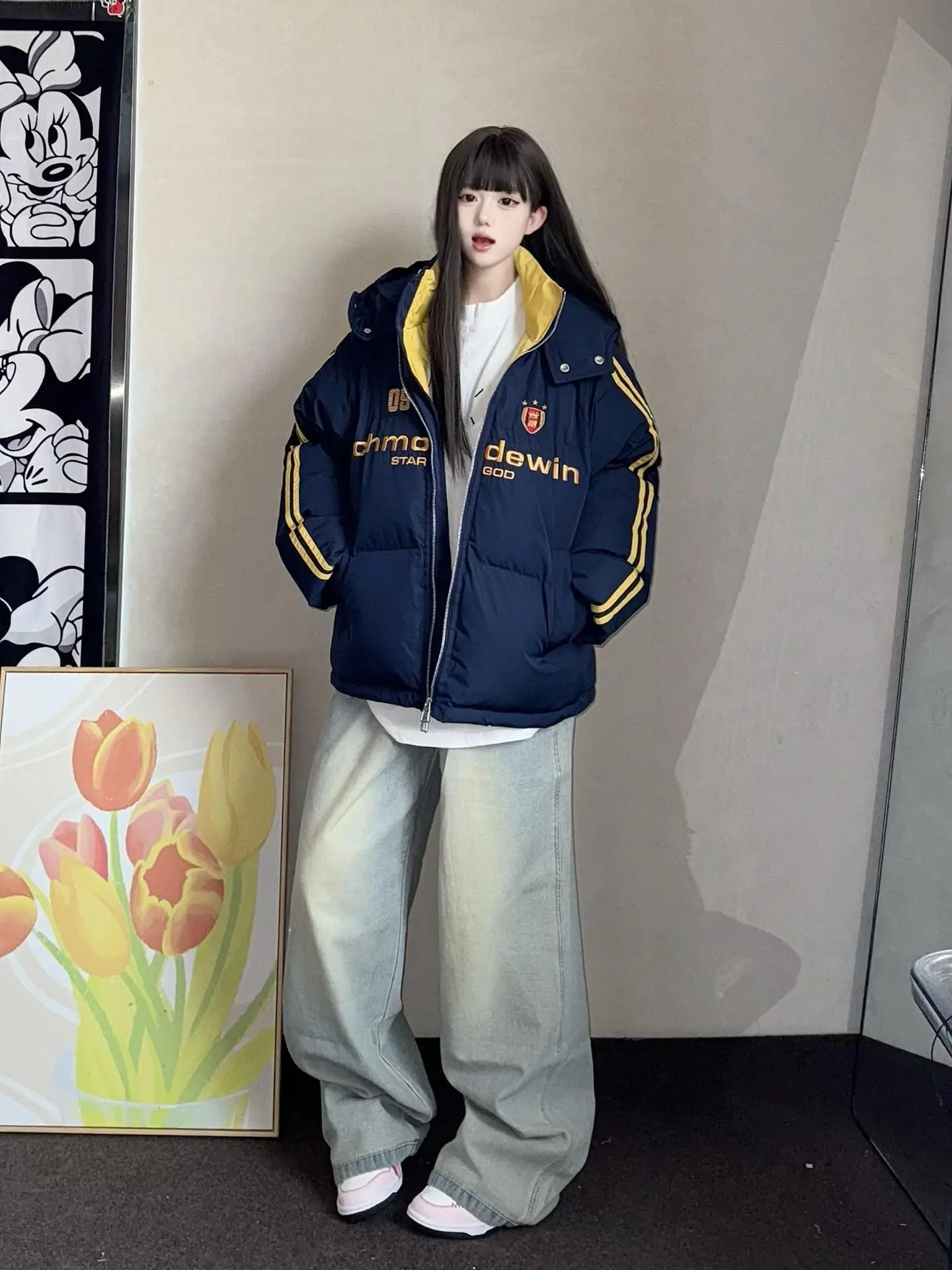 Темно-синяя полосатая одежда с капюшоном на хлопковой подкладке женская зимняя