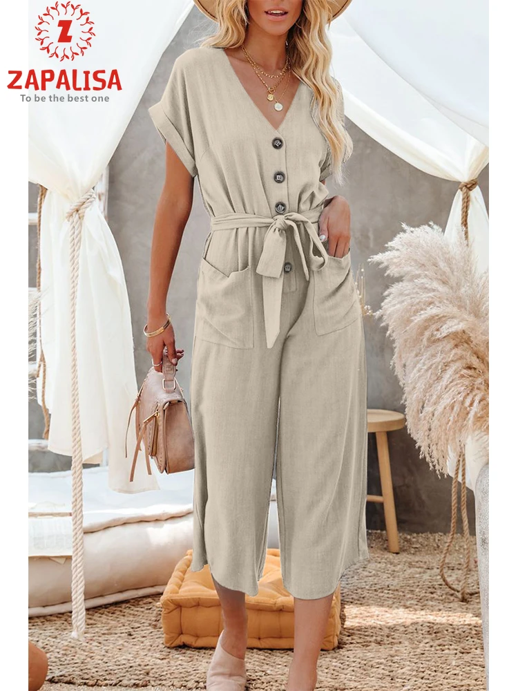 

England Style Solid Color Jumpsuits for Women Single-Breasted Design Pocket Belt Decor Mid Waist Short Sleeve Casual Rompers