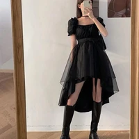irregular black dress square collar waist thin elegant temperament bubble short sleeved dress female trend 2022 summer new dress