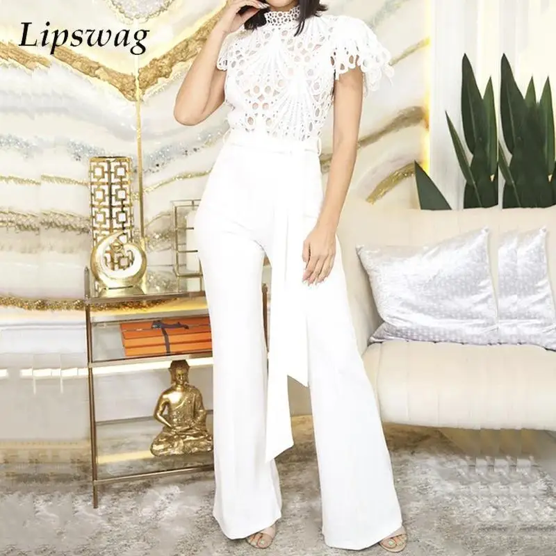 

Sexy Hollow See Through Two Piece Sets Elegant Stand Collar Crochet Trousers Suits Fashion Women Solid High Waist Bow Club Suits