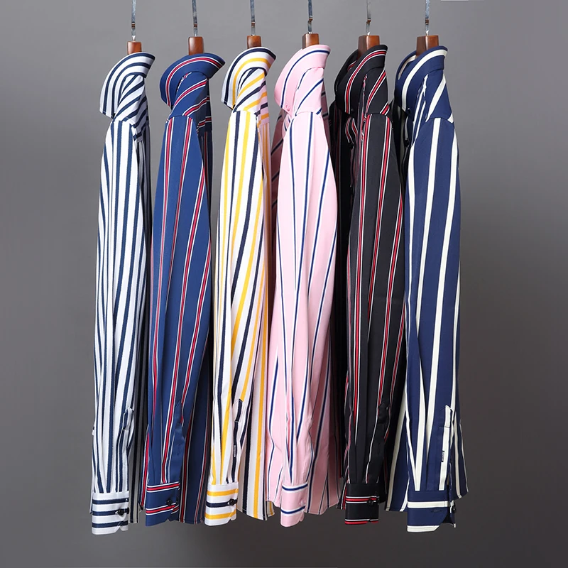 

Men Spring Summer Comfortable Vertical Striped Strech Mens Dress Shirts Long Sleeve Soft Business Work Shirt No Pocket Male
