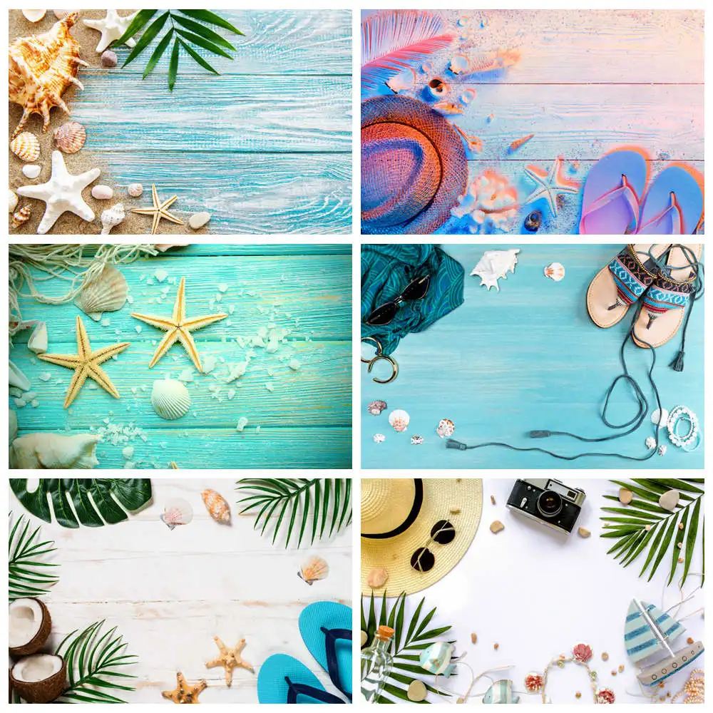 Tropical Backdrop Photography Decoration Beach Sand Wooden Board Leaf Shells Custom Summer Holiday Party Studio Photo Background