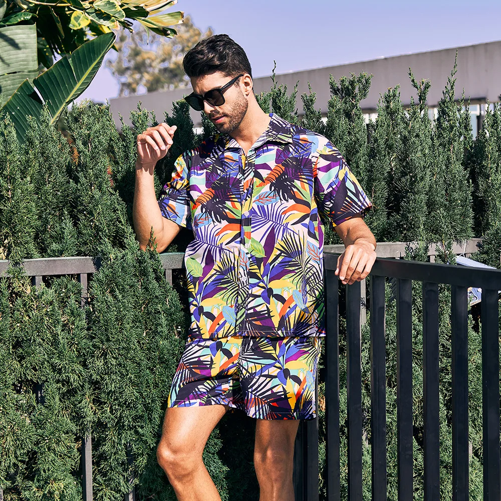 Men's Holiday Shirt Set Beachwear Button Lapel Suit Hawaiian Style 3D Printed Coconut Tree Pattern Male Fashion Outfit Plus Size