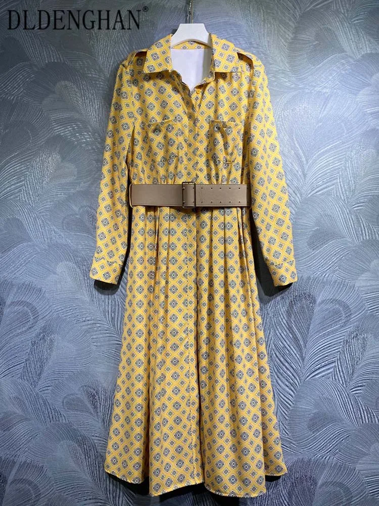 

DLDENGHAN Autumn Dress Women Turn-down Collar Long Sleeve Belt Single Breasted Vintage Flowers Print DressFashion Designer New