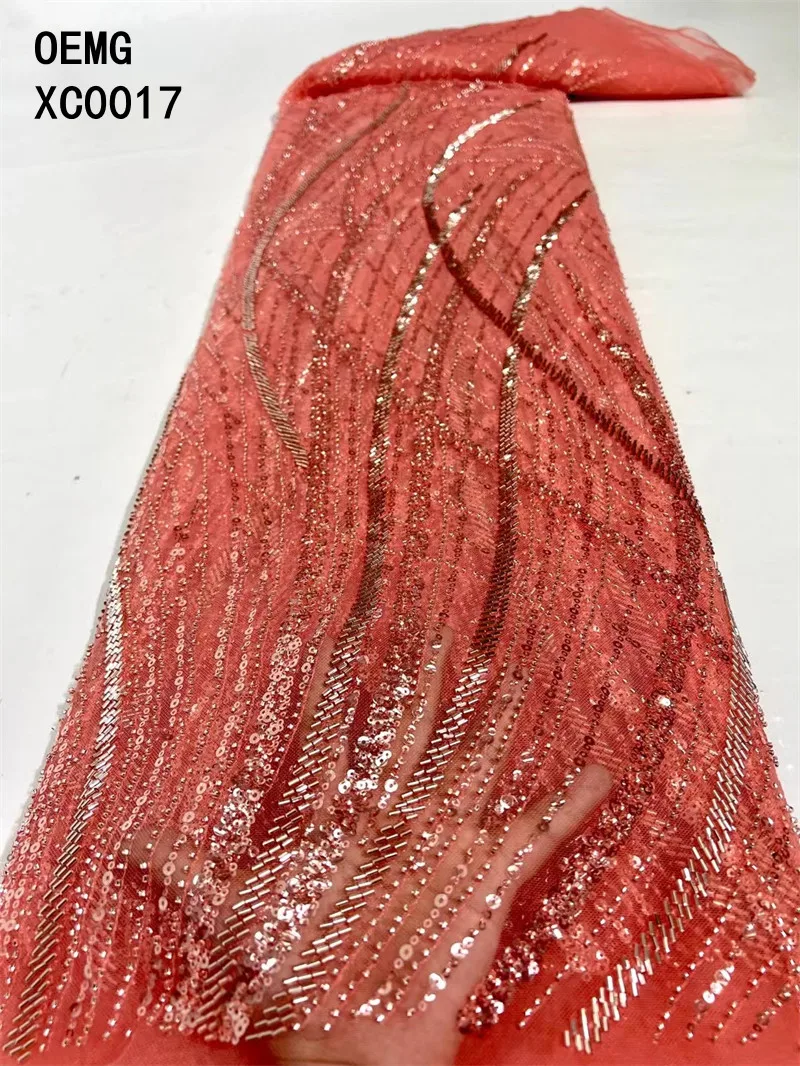 

OEMG 2022 Nigerian High Quality Embroidery Tulle Lace African French Net Lace With Beads And Sequins For Wedding Party XC0017