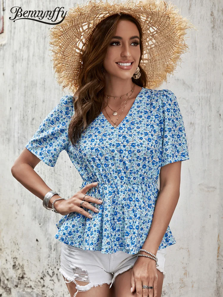 

Benuynffy Ditsy Floral Print V-neck Peplum Blouse Women Boho 2022 Summer Short Sleeve Ladies Tops Retro Casual Elastic Blouses