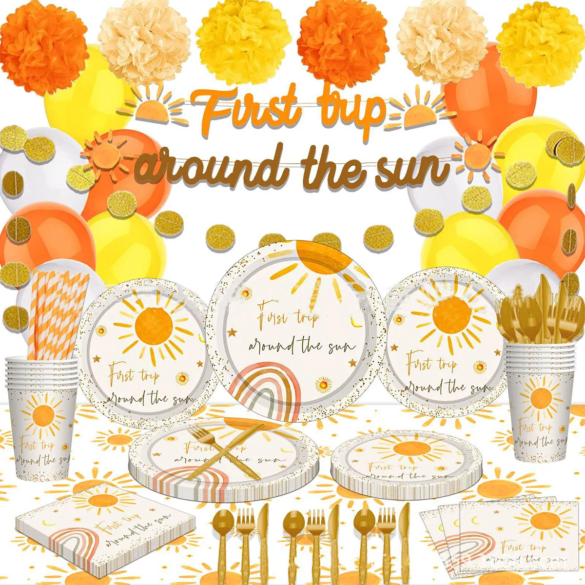 

Travel Sun Theme Paper Cup Plates Napkins Balloon Banner First Trip Around The Sun Birthday Disposable Tableware Babyshower