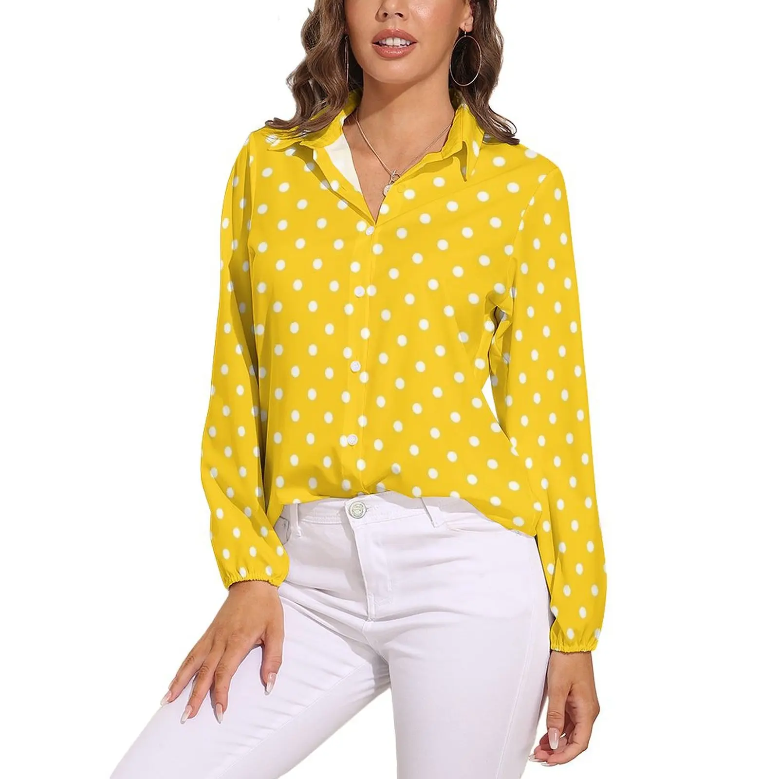 Винтажная блузка в горошек с длинным рукавом белые и желтые блузки женские