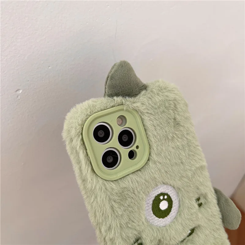 3D Cute Ears Green Little Monster Fur Plush Phone Case For iPhone 13 Pro Max Case 14 12 11 Pro X XS XR 7 8 Plus SE 2 Soft Covers