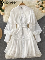 women belt white vintage dress stand neck long sleeve new arrivals lady temperament sexy fashion spring 2022
