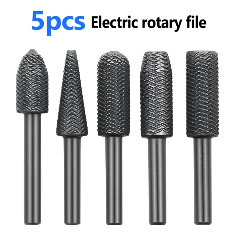 5pcs Rotary Steel File Rasp Wood Drill Bits Burrs Metal Grinding Grooved Sanding Engraving Milling Polish Tool 6mm Shank