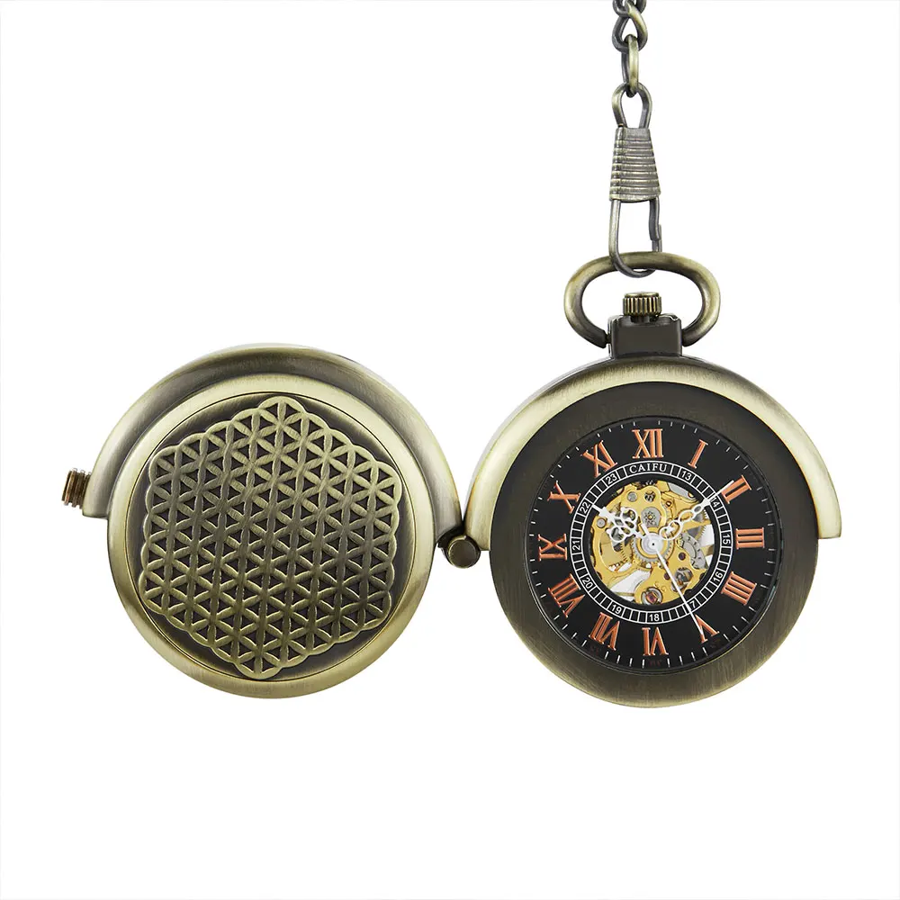 Antique Retro Hollow Cover Double Turntable Capping Hand-Winding Mechanical Pocket Fob Watch Men Steampunk Bronze Chain