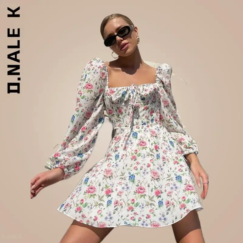 

D.Nale K Sexy Summer Beach Dress Floral Dress Women Lantern Long Sleeve Ruched Print A Line Square Neck Tie up Mini Vestidos