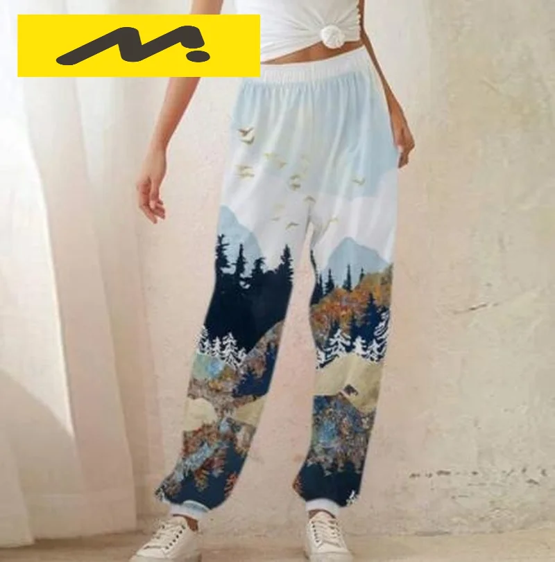 

Женские эластичные спортивные брюки с высокой талией, повседневные хлопковые брюки-карго с принтом гор, Спортивная уличная одежда на лето, ...