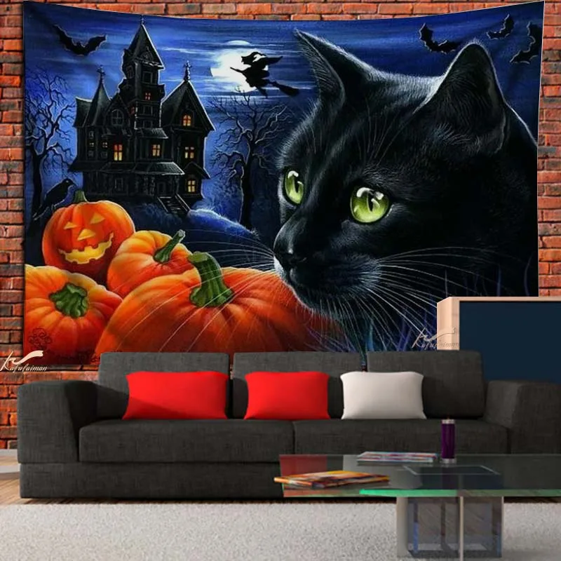 

Cat Mysterious Divination Witchcraft Tapestry Wall Hanging Magic Halloween Pumpkin Decoration Hippie Mattress Dorm Room Decor