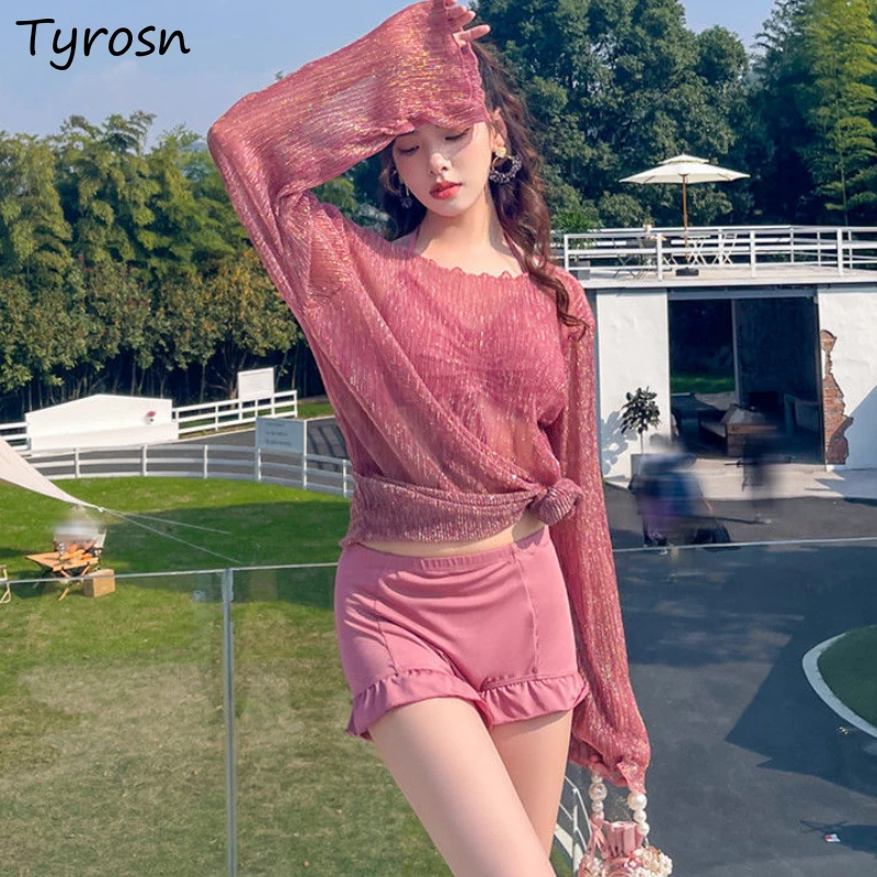 

Halter Bikini Set Women Sexy High Waist Fit Simple New See-through 3 PCS Leisure Vacation Ulzzang Folds Hot Girls Basic Stylish