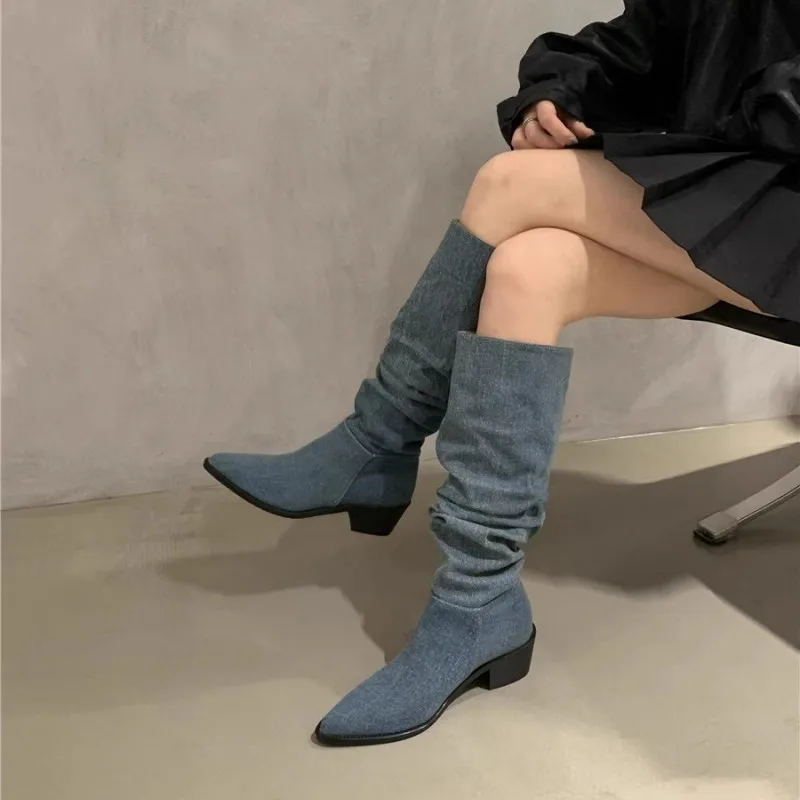 

Женские рыцарские ботинки со складками, ковбойские ботинки средней длины на толстом каблуке, весна-осень 2024