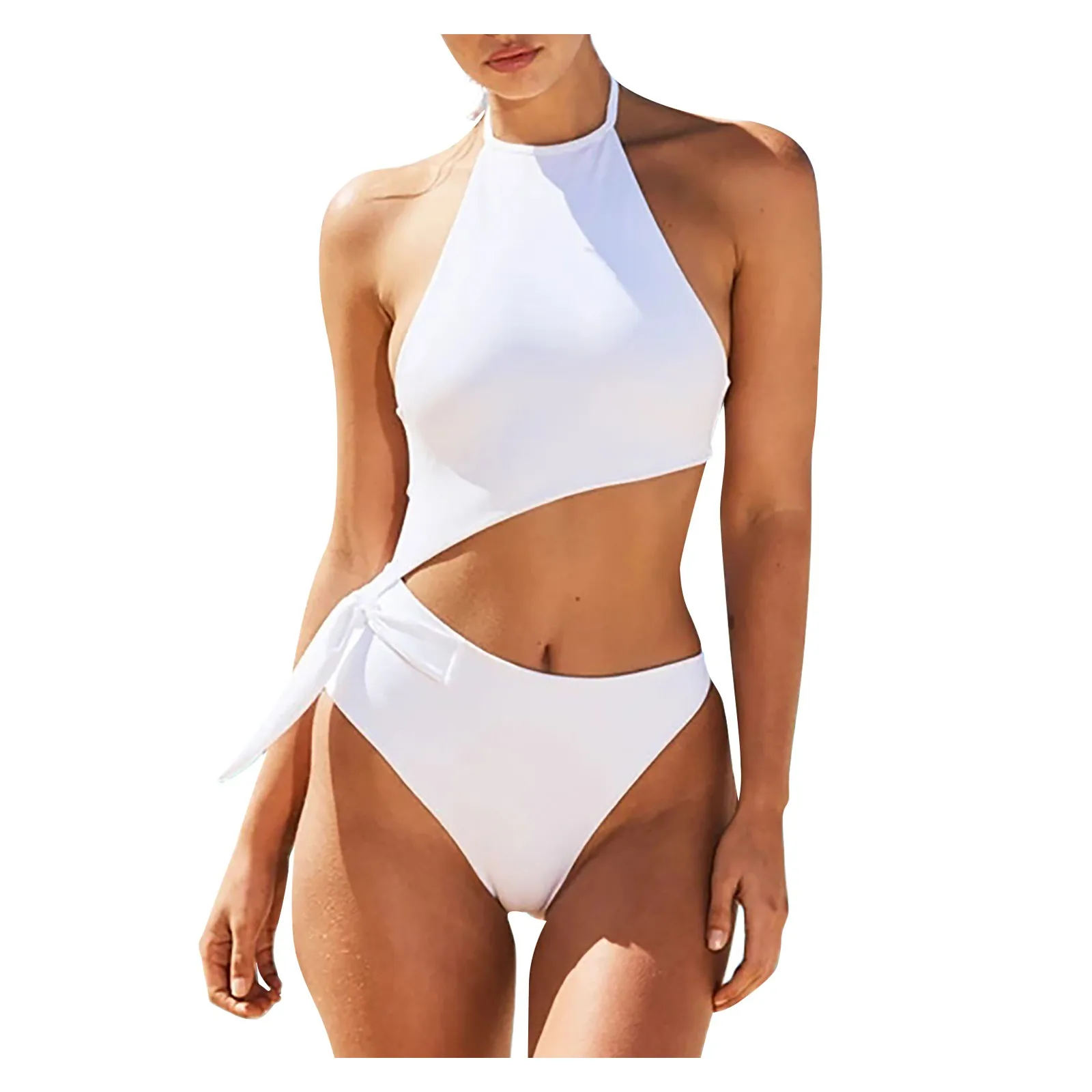 

Sexy Cut Women's Split Solid Swimsuit Halter High Conservative Bikini Color Swimwears Tankinis Set women's beach swimming trunks