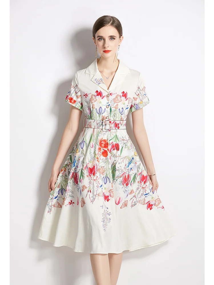 

Платье средней длины с принтом в европейском и американском стиле, нежное французское винтажное приталенное платье в стиле Хепберн с больш...