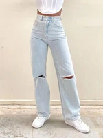 2022 fashion light color wide leg pants women spring high waist ripped holes ankle length straight jeans