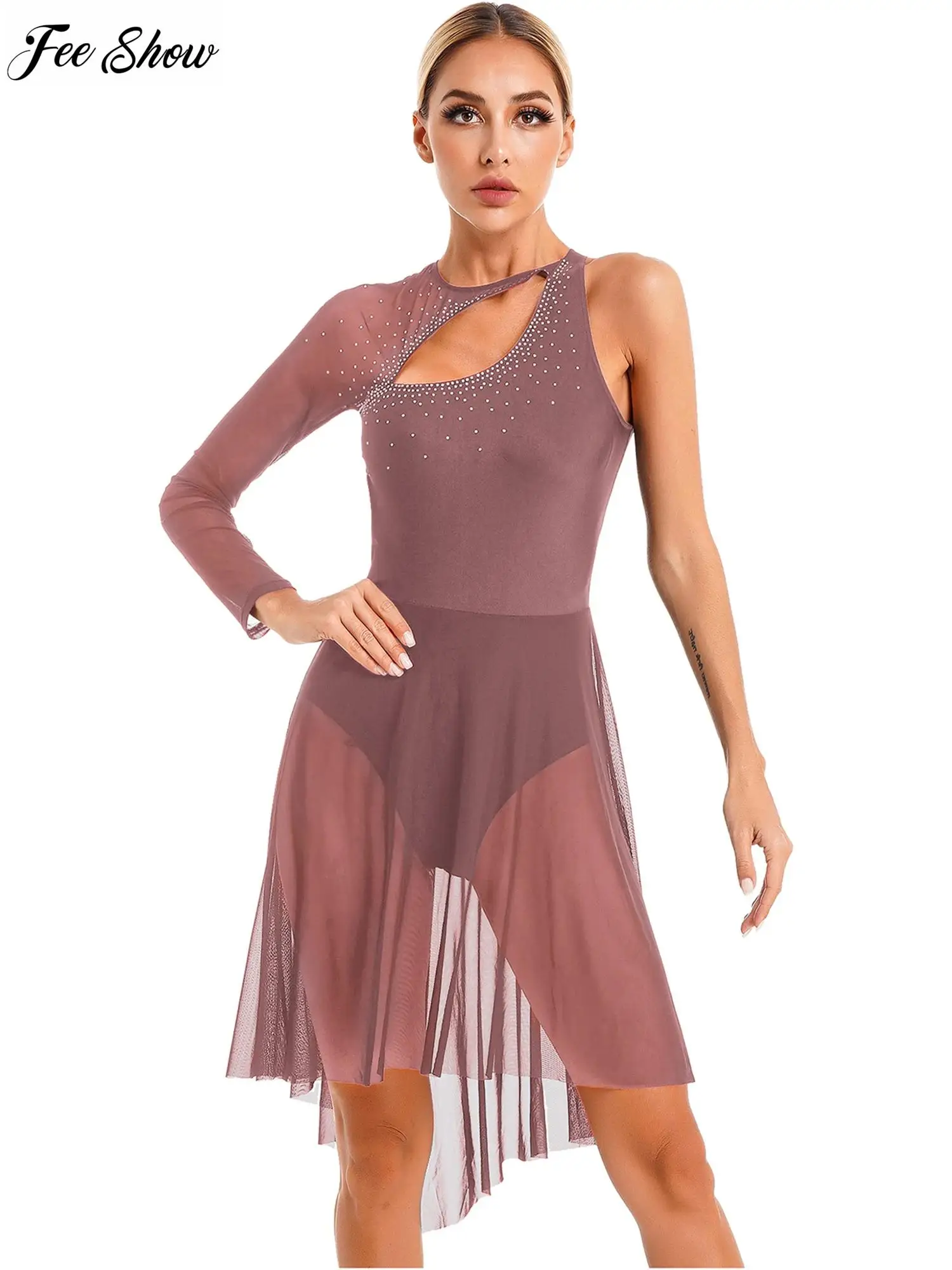 

FEESHOW Womens Figure Skating Costume Glitter Rhinestone Cutout Leotard Dress Sheer Mesh Long Sleeve Lyrical Dance Dresses