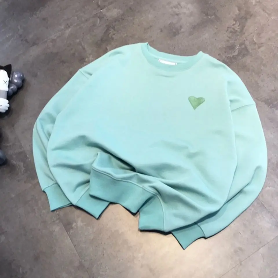 

Роскошные брендовые дизайнерские толстовки для женщин и мужчин, свободные толстовки унисекс с флокировкой и вышитым сердцем мятно-зеленог...