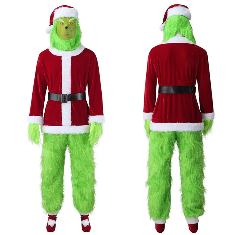 

Christmas Grinch Costume for Men Adult Green Big Monster Santa Suit Furry Xmas Cosplay Outfit Halloween Holiday Party Performanc