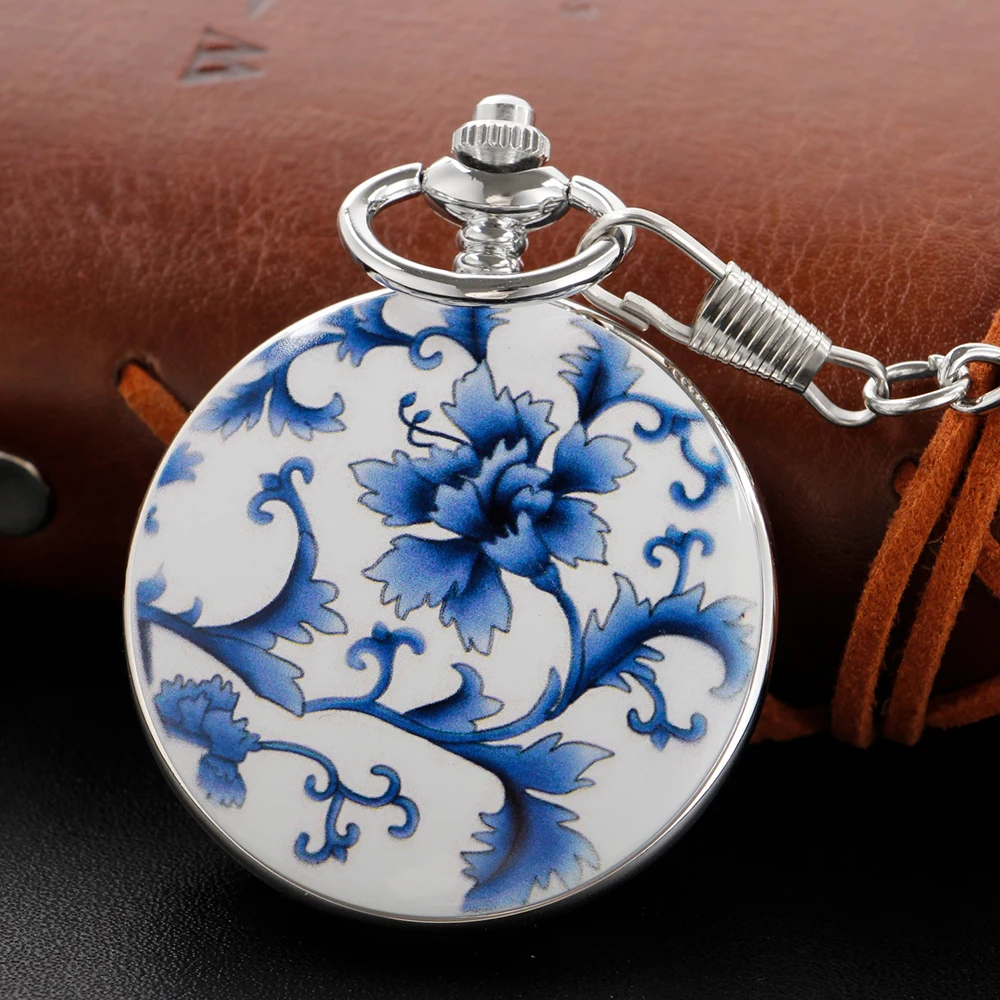 Retro Blue and White Porcelain Mechanical Pocket Watch High Quality Unisex Necklace Timing Pendant Gift for Men and Women PJX011