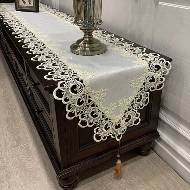 Lace Table Runner Dust Cover Embroidered TV Cabinet Tablecloth Pendant Tassel Dresser Table Manteles De Mesa Decoration for Home