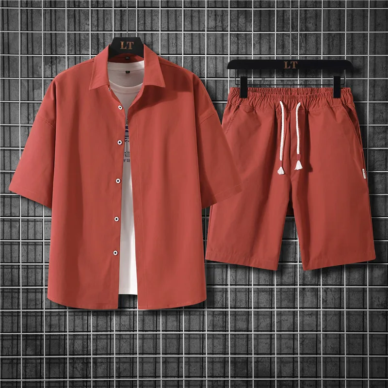 2022 Mens Sportwear Set Solid Short Sleeve Shirts Shorts Men Tracksuit Suit Casual Male Brand CLothing Streetwear Men Sweatsuit