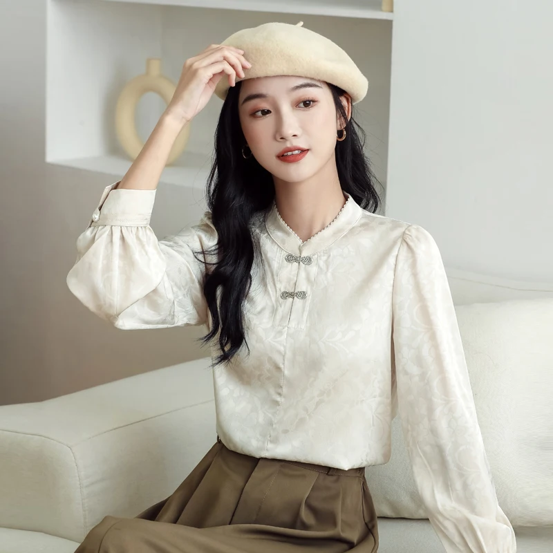 2022 китайский стиль Улучшенная пластина Кнопка Длинный Рукав Рубашка Женский