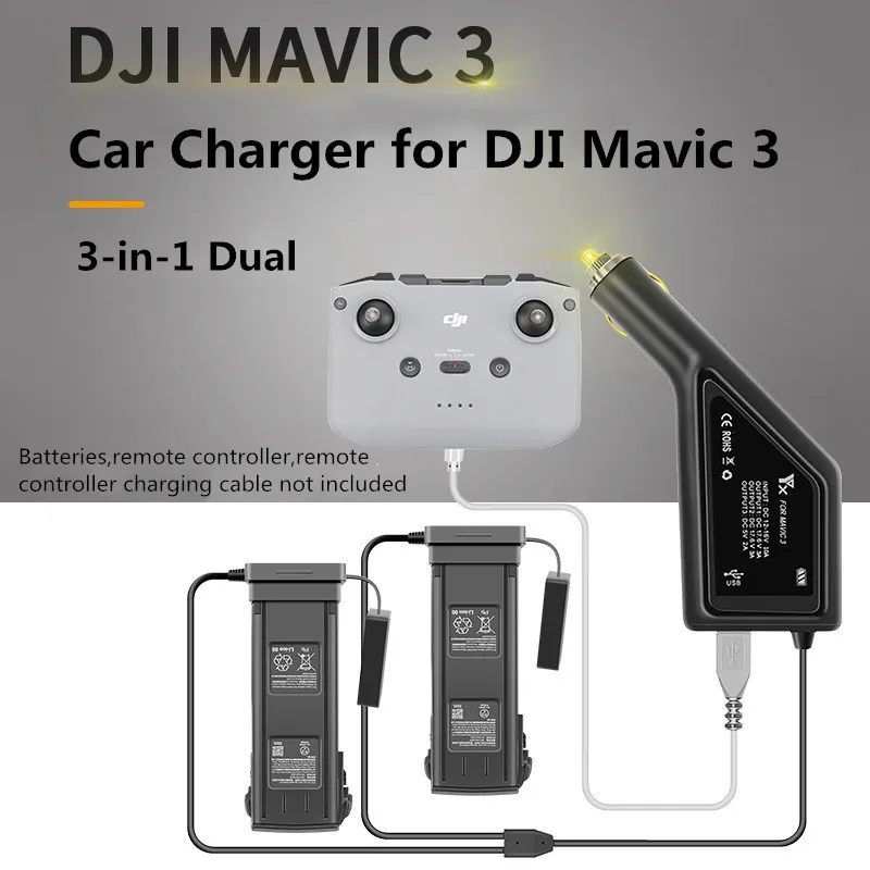 

Mavic 3 2 Car Charger 3-in-1 Dual Battery Remote Charger with USB Port for DJI MAVIC 3 Drone Accessories