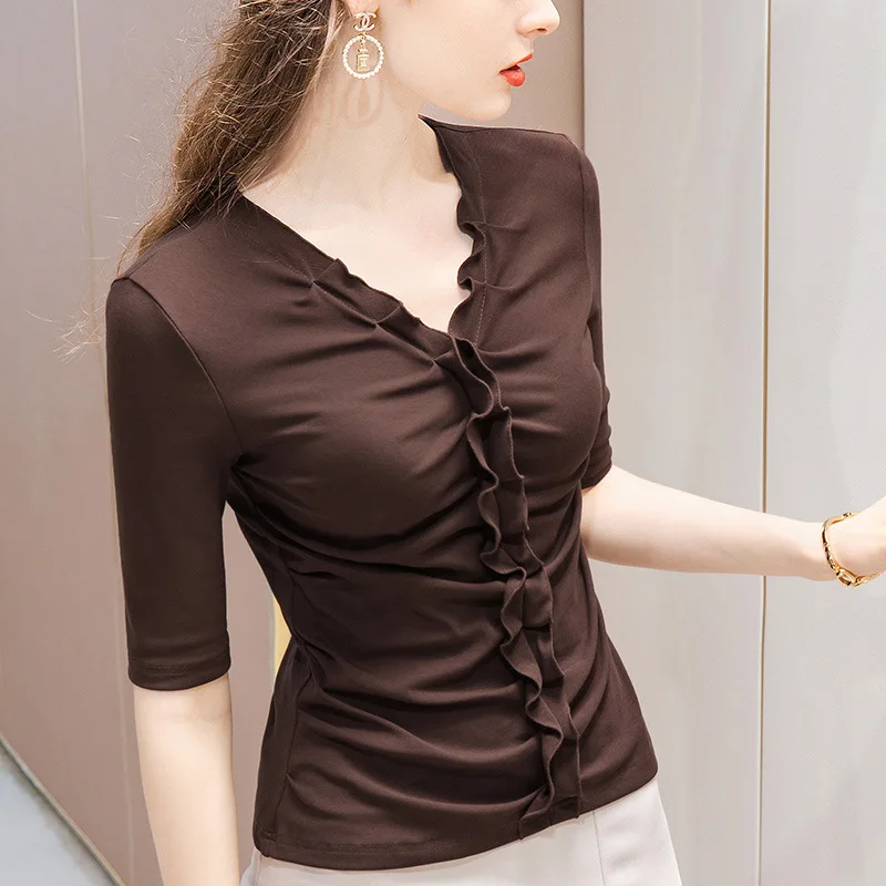 

Womens Cotton Vintage Half Sleeve Ruffled Casual V-neck Tops Spring/Summer T-shirt
