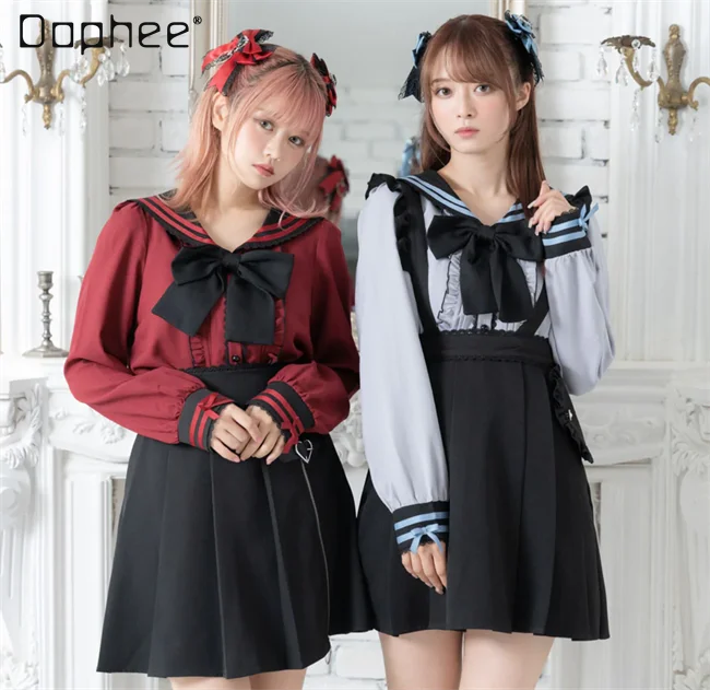 Japanese Style Cute Women Navy Blue Long Sleeve Blouse 2023 Spring New Sailor Collar Big Bow Lace Stitching Tied Shirts Feminino