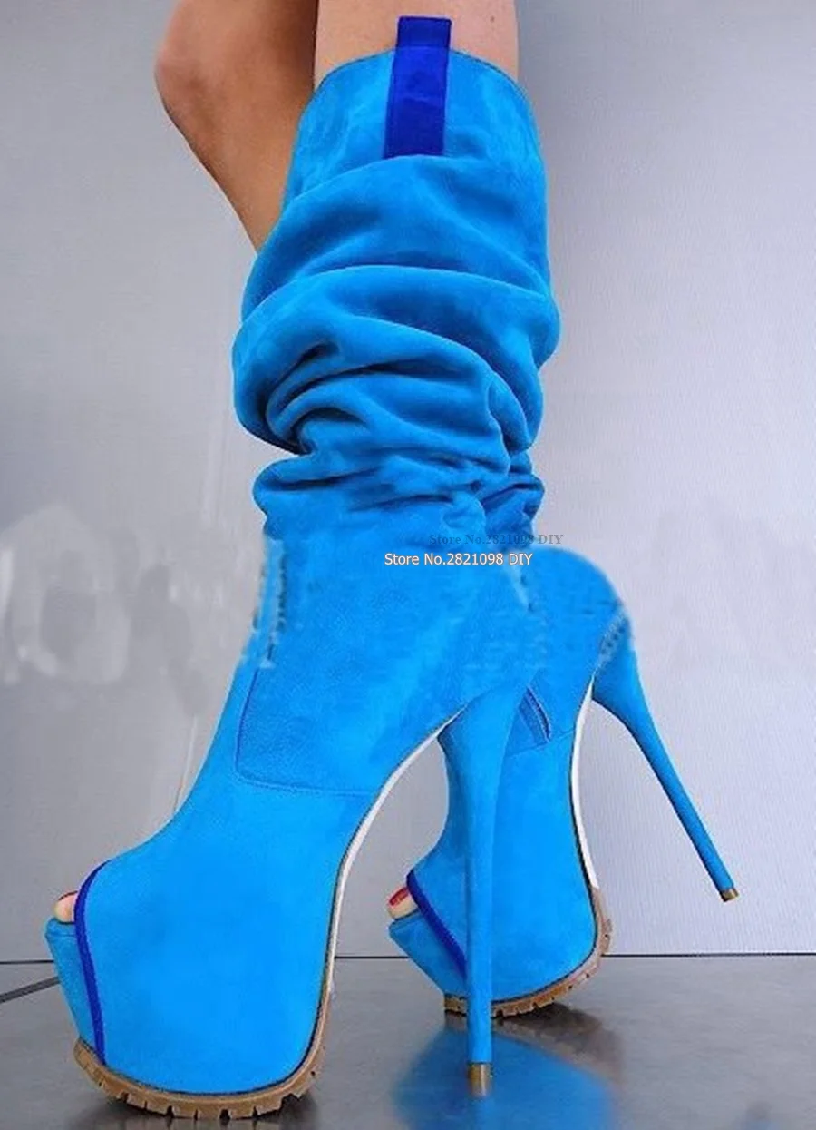 Hot Selling Blue Pink Jeans Knee High Boots Women Peep Toe 16cm Platform Women Sandals Boots Size 34-41 Desinger Dress shoes wom