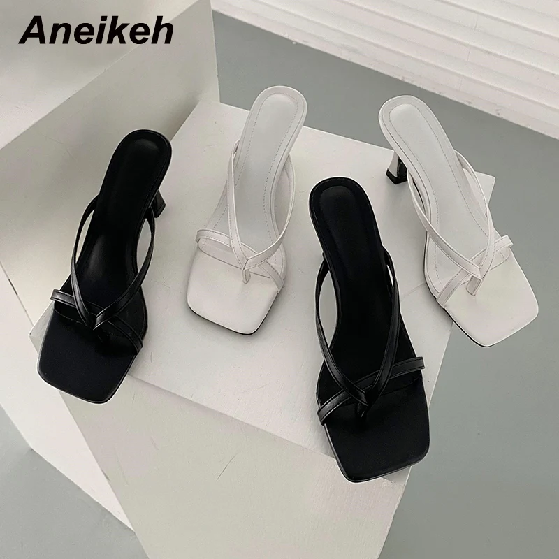 

Aneikeh Summer Fashion PU Thong Outdoor Slippers Women's Shoes Party Concise Flip Flops ELEGANT Square Head LEISURE Adult Solid