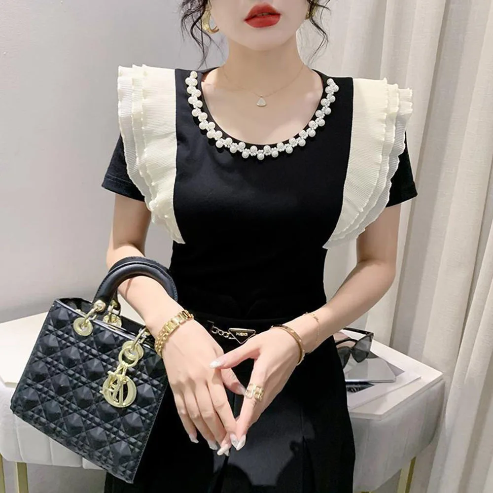 Женская летняя футболка с оборками и круглым вырезом жемчугом