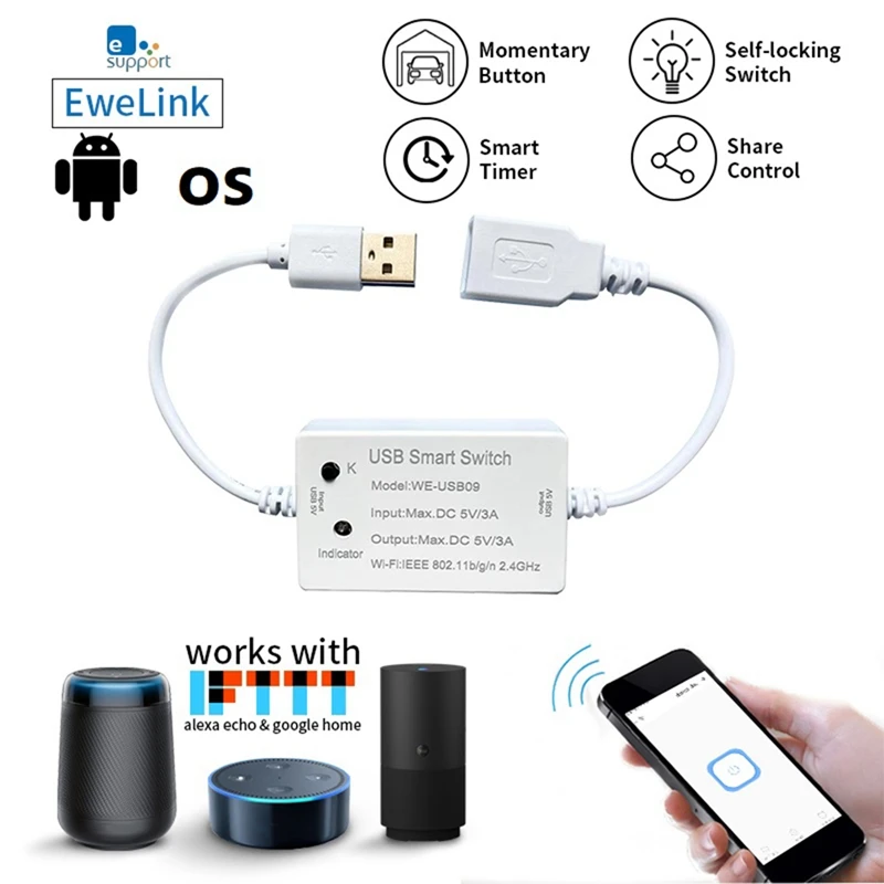 

Умный USB-переключатель Ewelink, контроллер Wi-Fi, универсальная женская умная жизнь для USB-устройств, для Alexa Google Home, белый