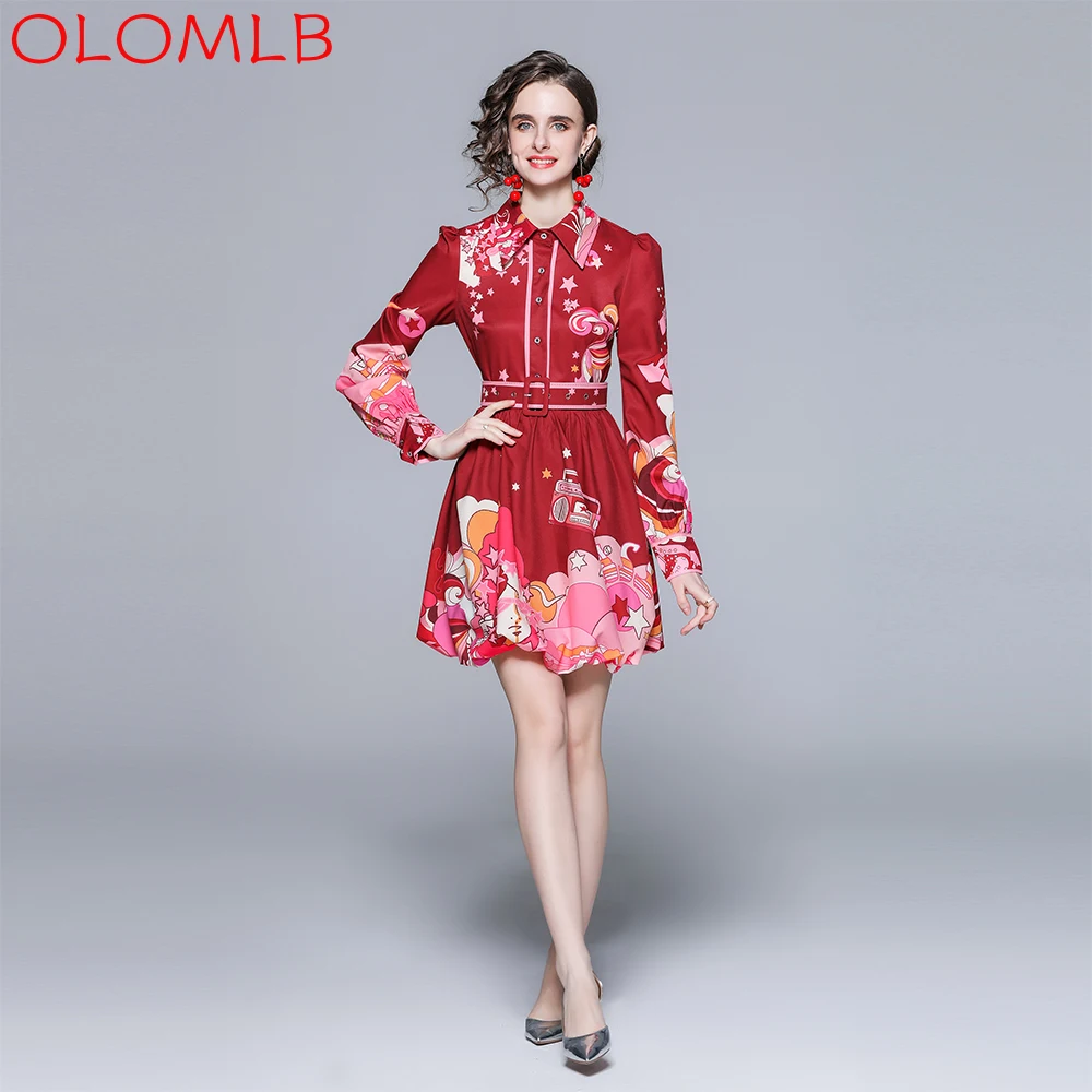 

OLOMLB, новинка весны 2022, модная короткая юбка с принтом звезд, милое платье с рукавами-фонариками и воротником-рубашкой, платье для выпускного ...