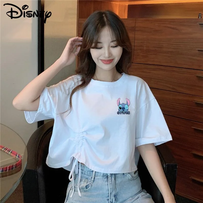 

Disney Cartoon Stitch Short Sleeve Loose T-shirts Women's Summer Clothes Y2k Fashion Harajuku Crop Top Expose Navel Drawstring