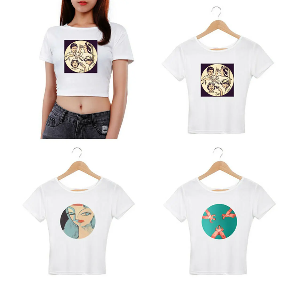 

Fashion Exposed Navel Short Sleeve Crop Abstract Girl Printed T-Shirt Tops Tee