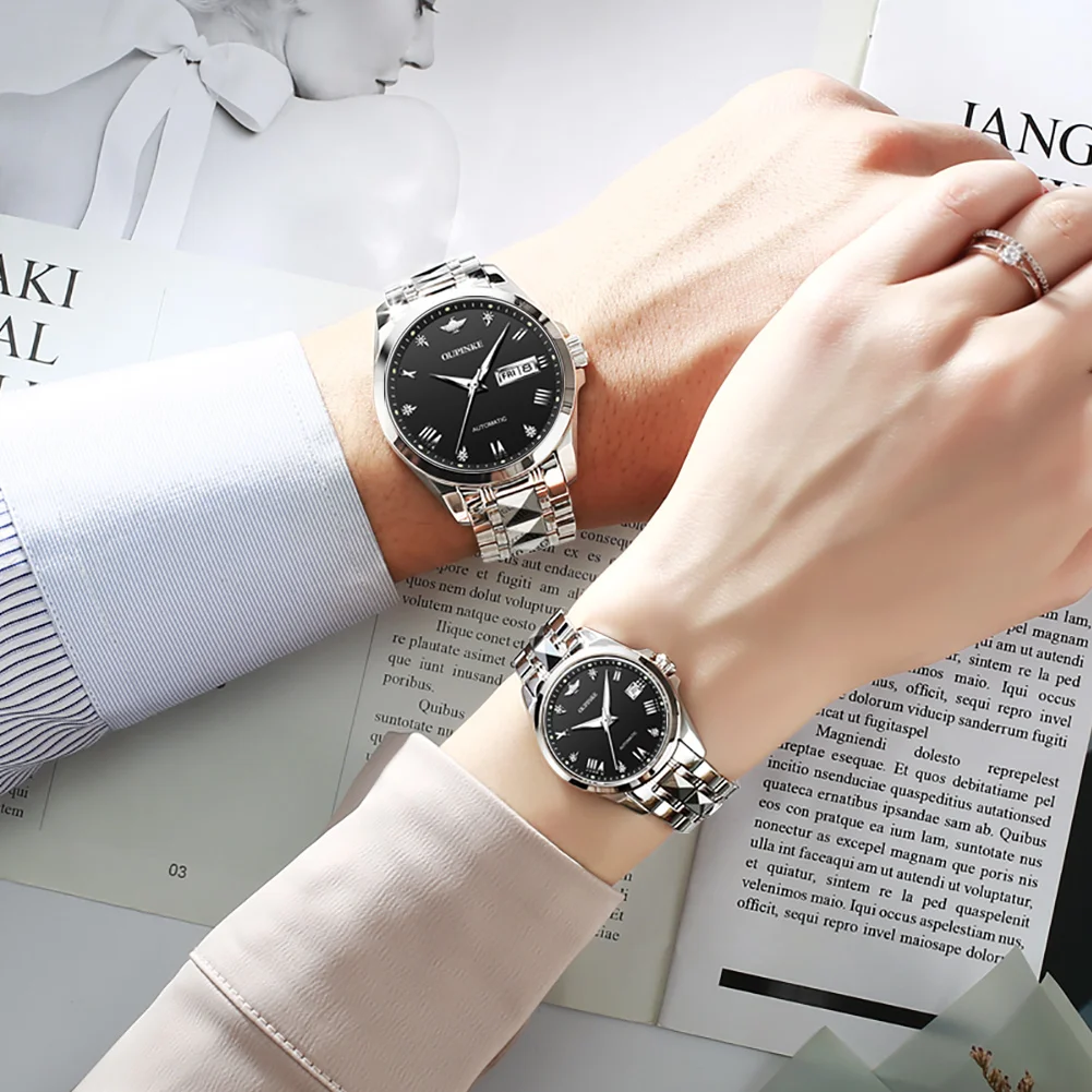 OUPINKE Couple Watches Pair Men and Women Automatic Mechanical Original Luxury Waterproof Sapphire Wrist Watch Clock Lover Gift