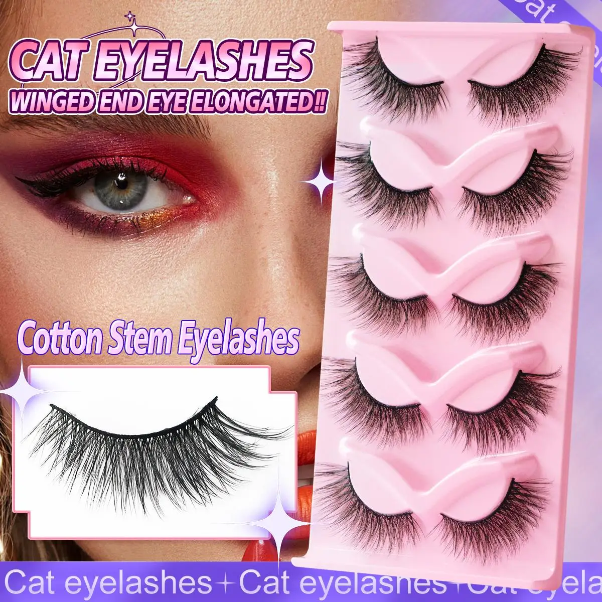 

5 Pairs Cat Eye Lashes Winged End Eye Elongated Fake Lashes Full Strip Lashes Eyelash Extension Makeup Tools