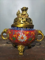 10 tibetan temple collection old bronze cloisonne lion pattern binaural happiness and longevity three legged incense burner