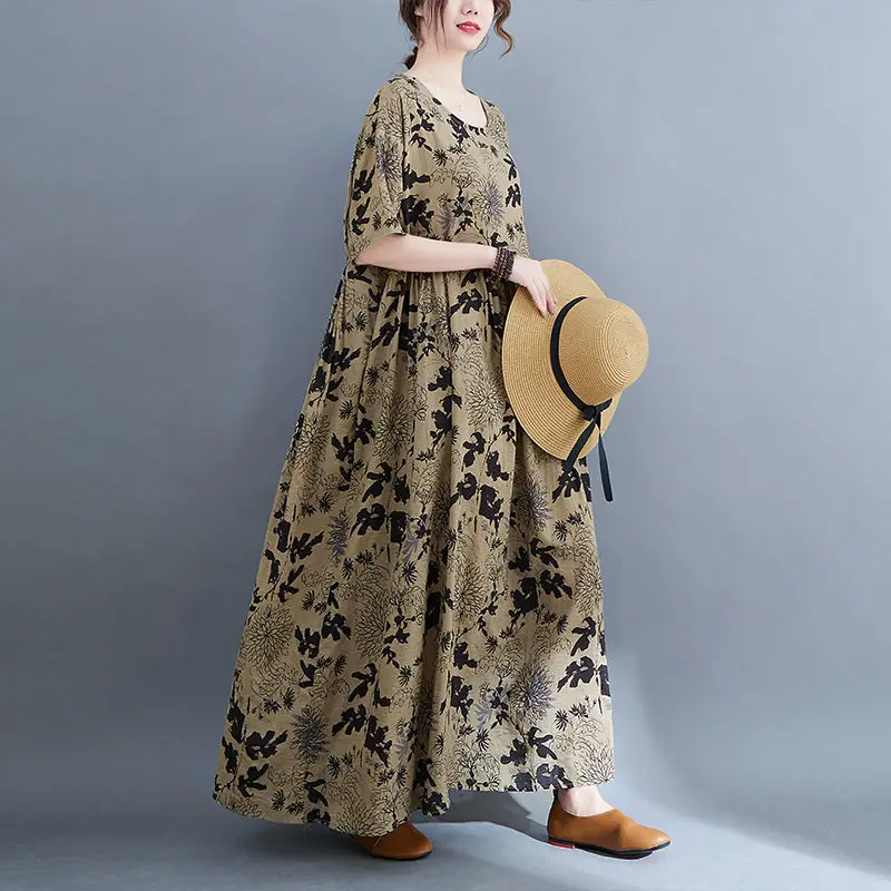 

Cotton Linen Loose Length Skirt 2022 New Literary Print Short Sleeve Dress Summer