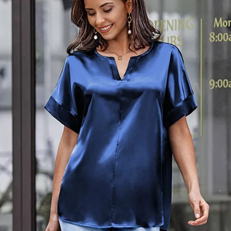 

Summer Short Sleeve Silk Shirt Loose Women's Satin Blouse Elegant V-neck Woman Solid Tops Casual Fashion Pullover Blouses 24908